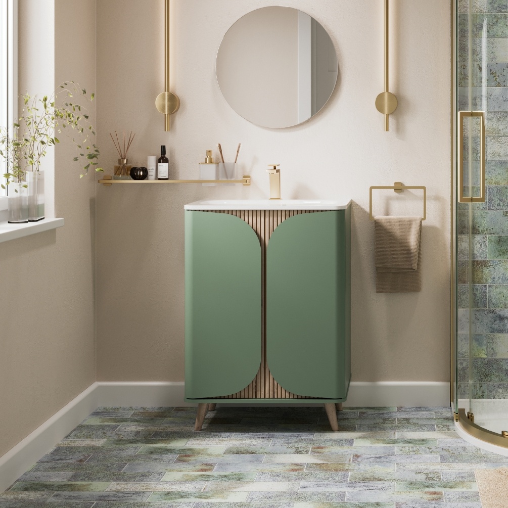 Product Lifestyle image of the Crosswater Tambour Sage Green 600mm Floorstanding Unit with Basin